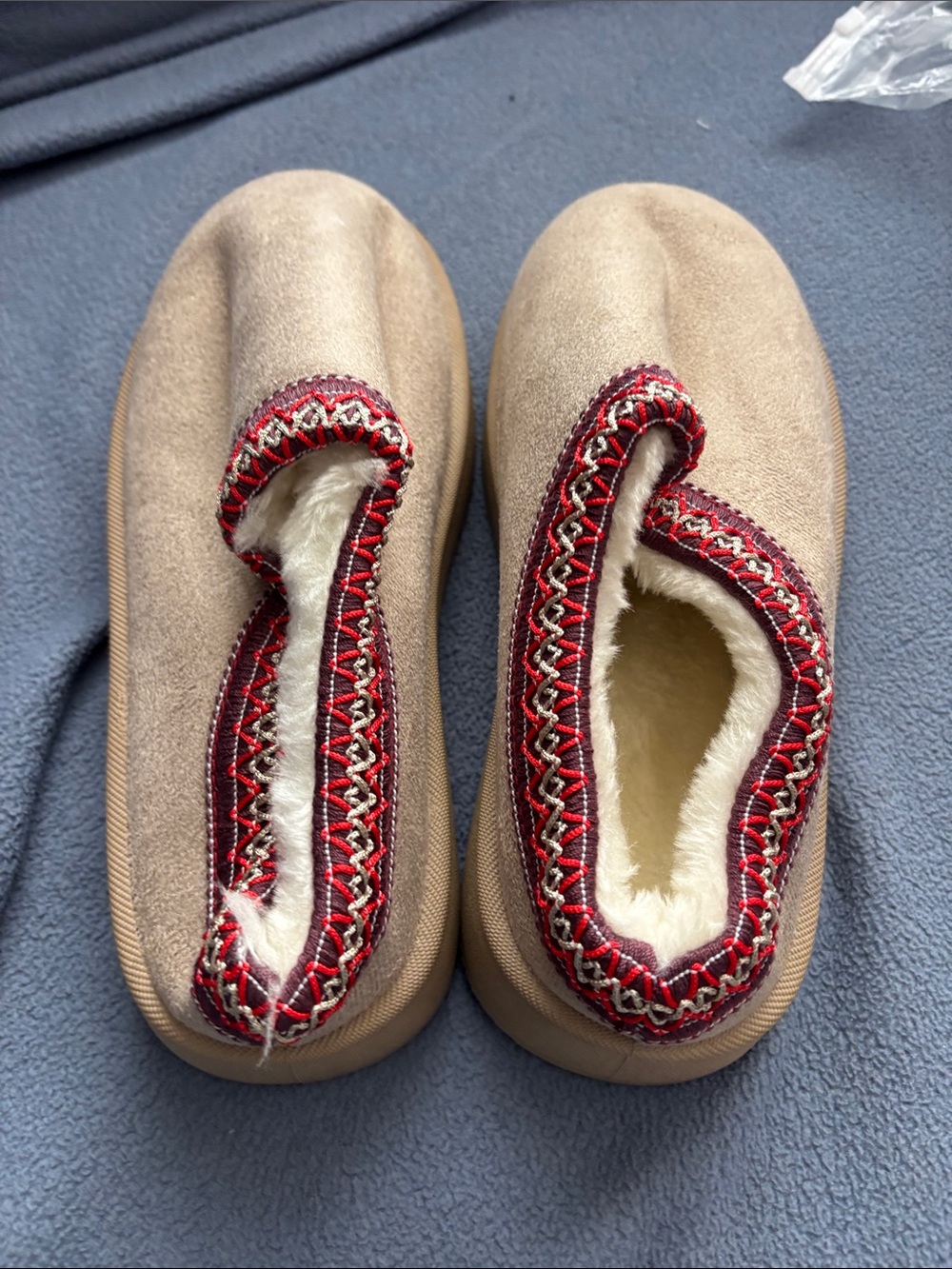 Cozy Tan Slipper Shoes with Red Trim